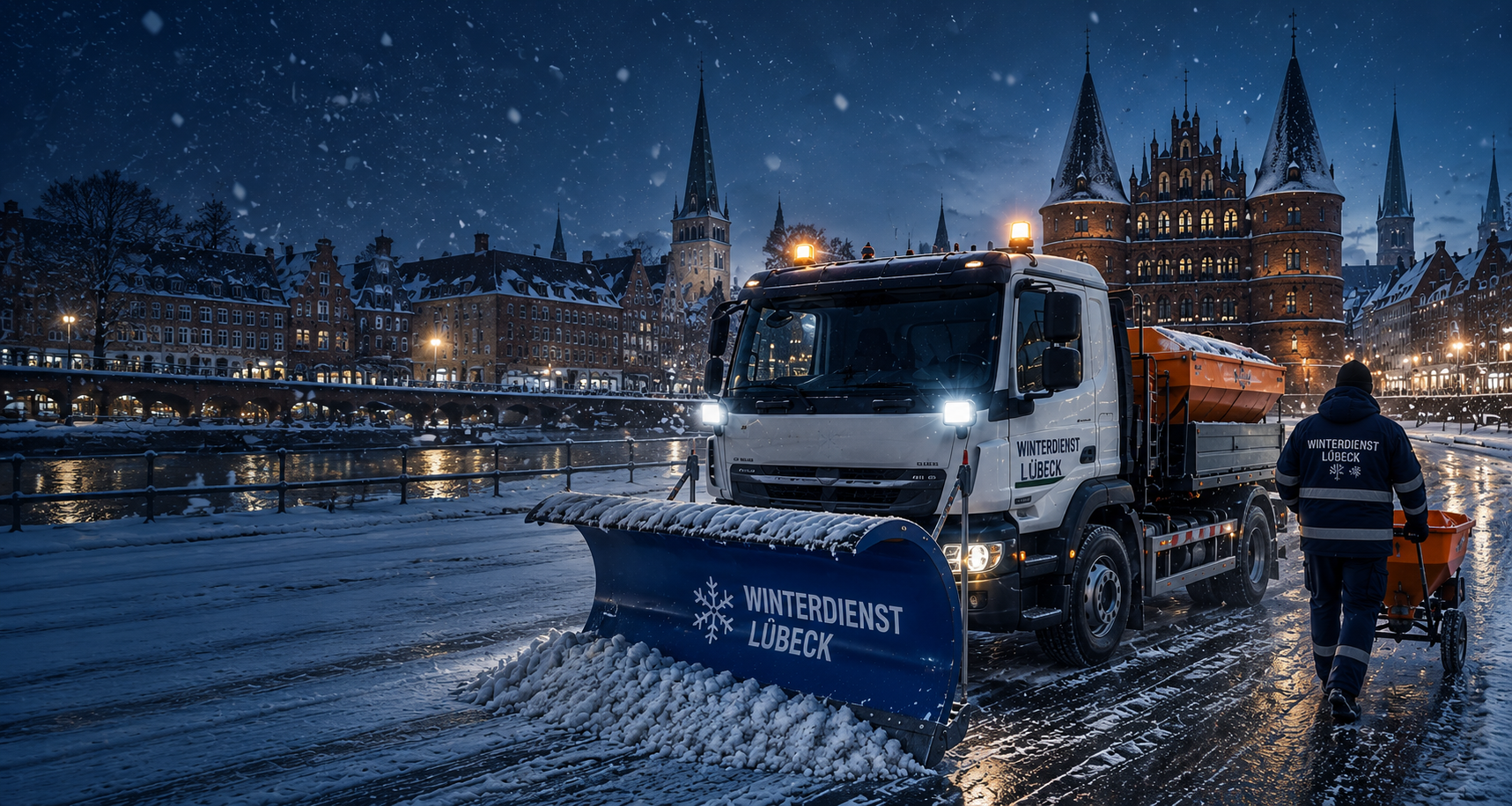 Winterdienst-Fahrzeug im Einsatz vor dem Holstentor in Lübeck